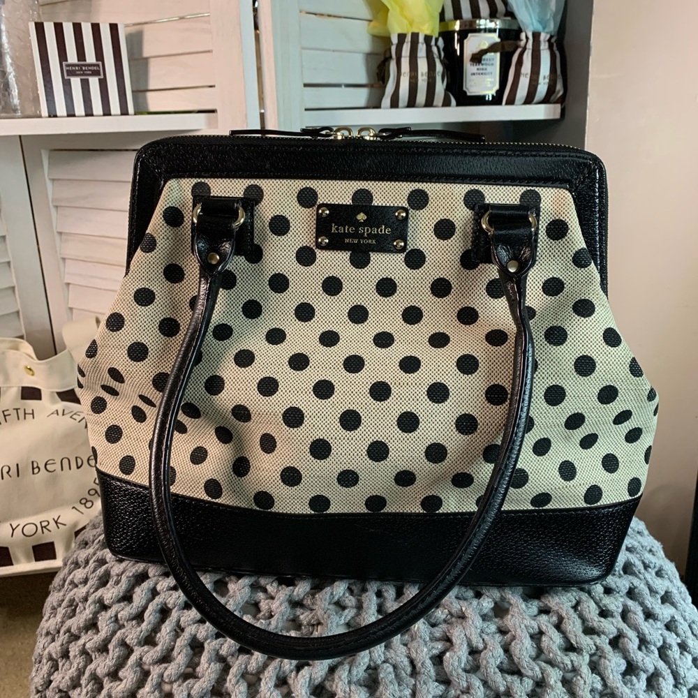 Kate Spade Tan with Black Polka Dots, Leather Trim Shoulder Bag, Large Bag,16x11